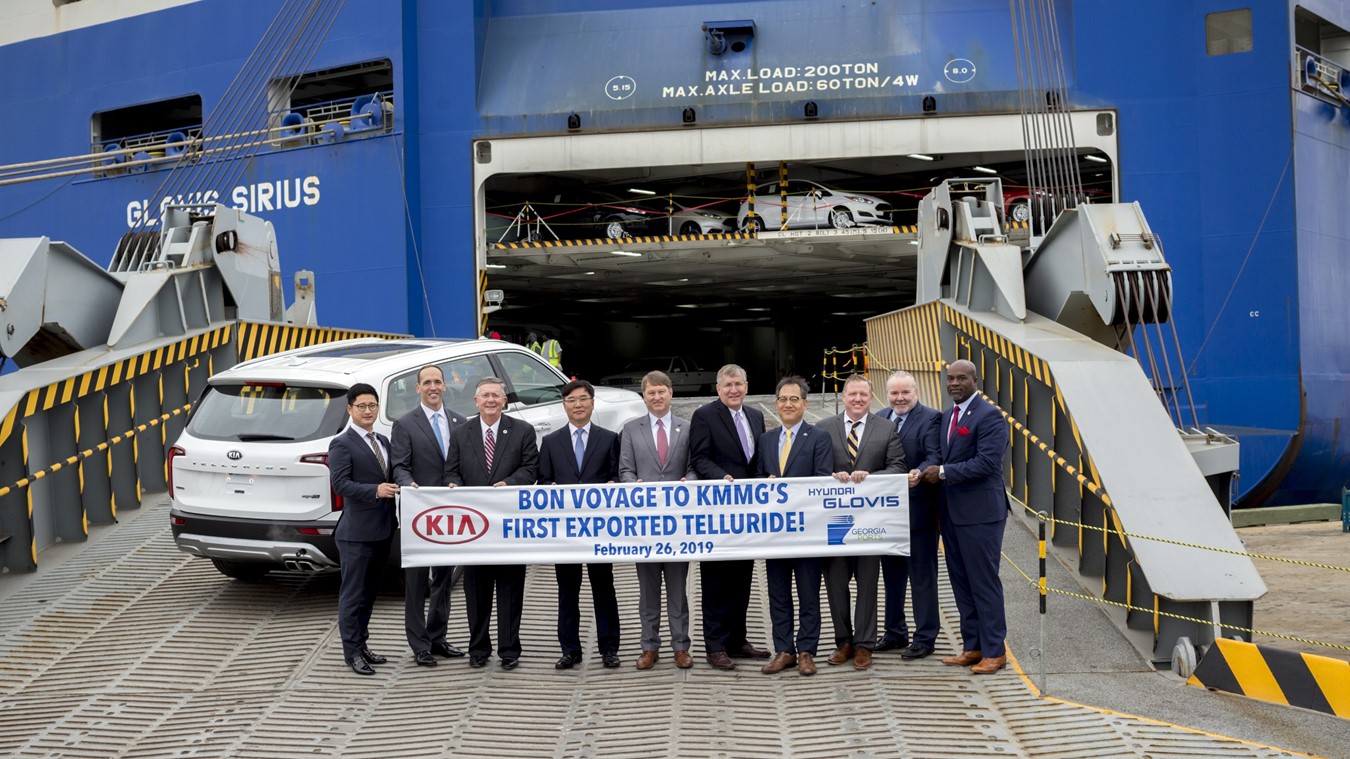 The first Kia Telluride to be exported via the Port of Brunswick is driven onto the Glovis vessel Sirius Feb. 26, 2019, at Colonel’s Island Terminal, Ga. Kia Motors Manufacturing Georgia plans to ship approximately 3,000 Tellurides per year to global markets. Find print quality images here.  (Georgia Ports Authority / Stephen B. Morton)
